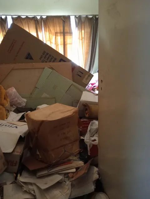 Boxes of household contents and collectibles waiting to be assessed and sorted