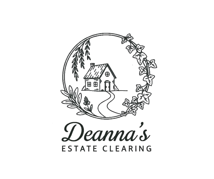 The Deanna’s Estate Clearing logo  a hand-drawn cottage inside a wreath of leaves and ivy